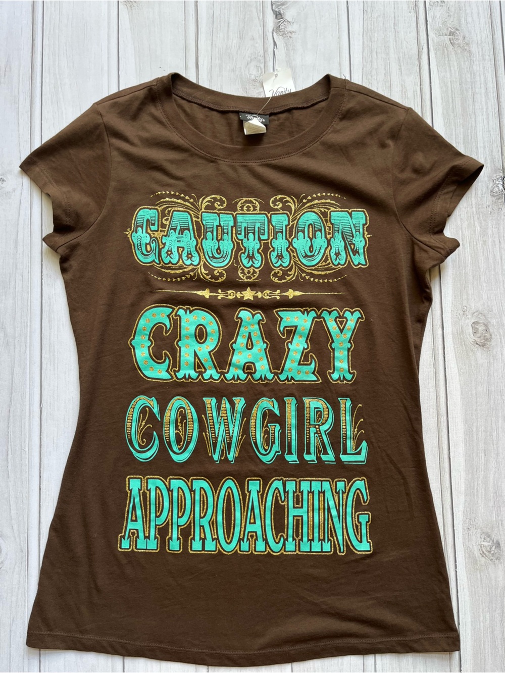 New brown turquoise metallic western short sleeve graphic tee shirt. Size large